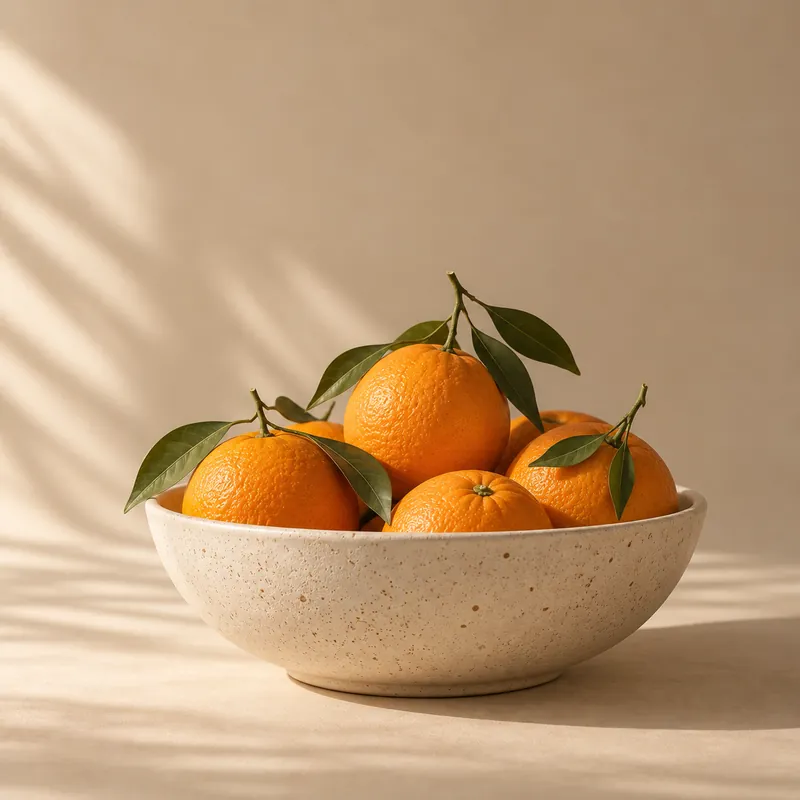 A speckled cream bowl full of oranges with leaves