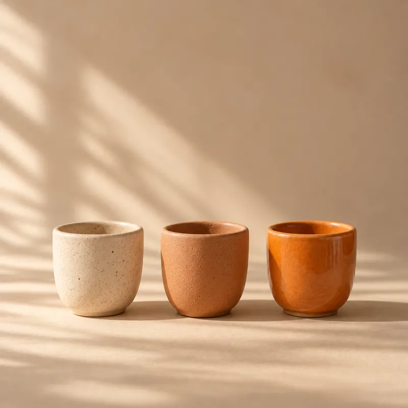Three small cups in cream, terracotta and orange
