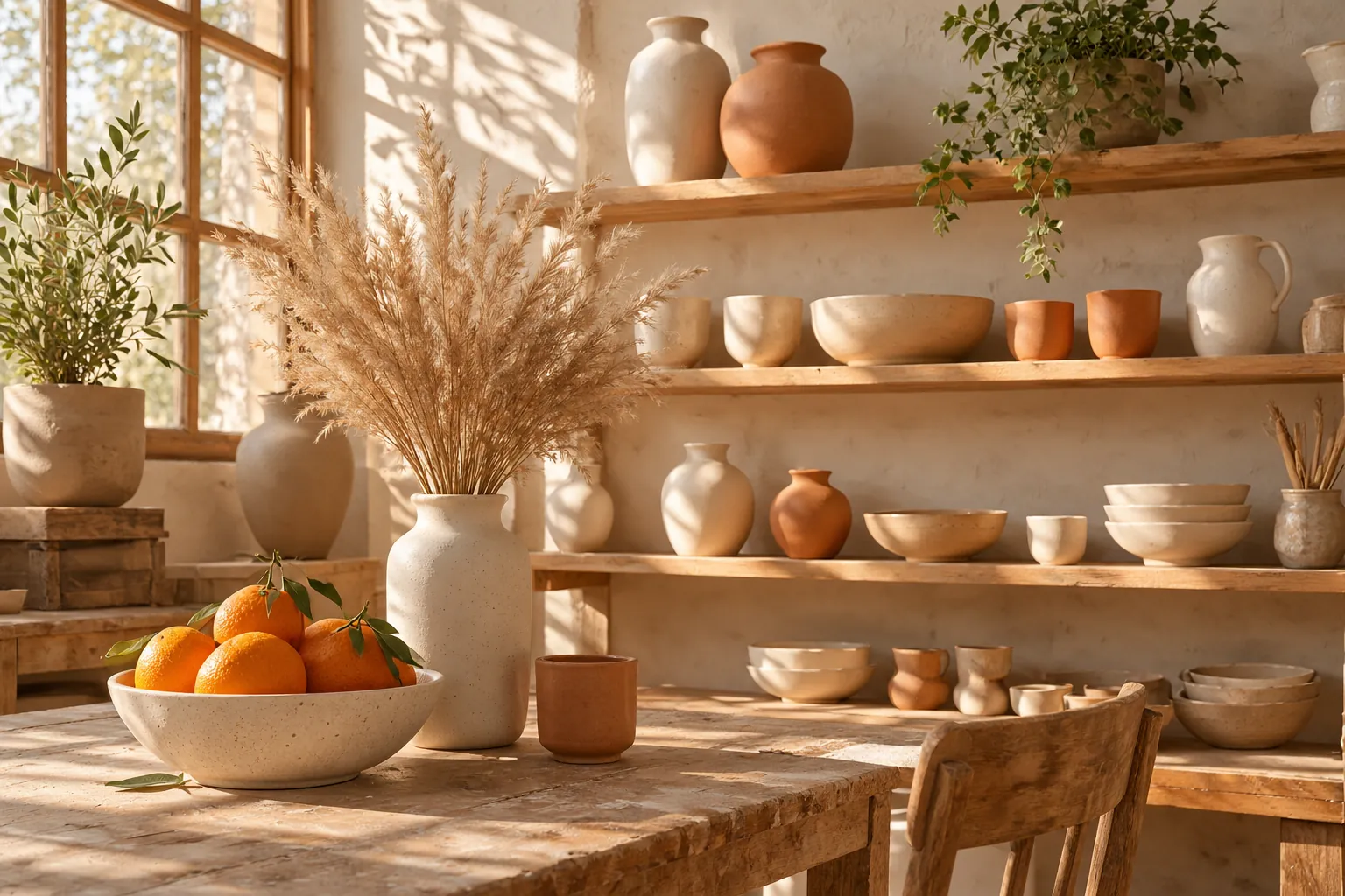 Shelves of cream and terracotta pieces in the studio, with oranges on the worktable